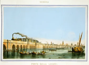 Híd a lagúnán, a „Velencei fő műemlékek látképe” című kiadványból, 1850 körül (kézzel színezett litho)